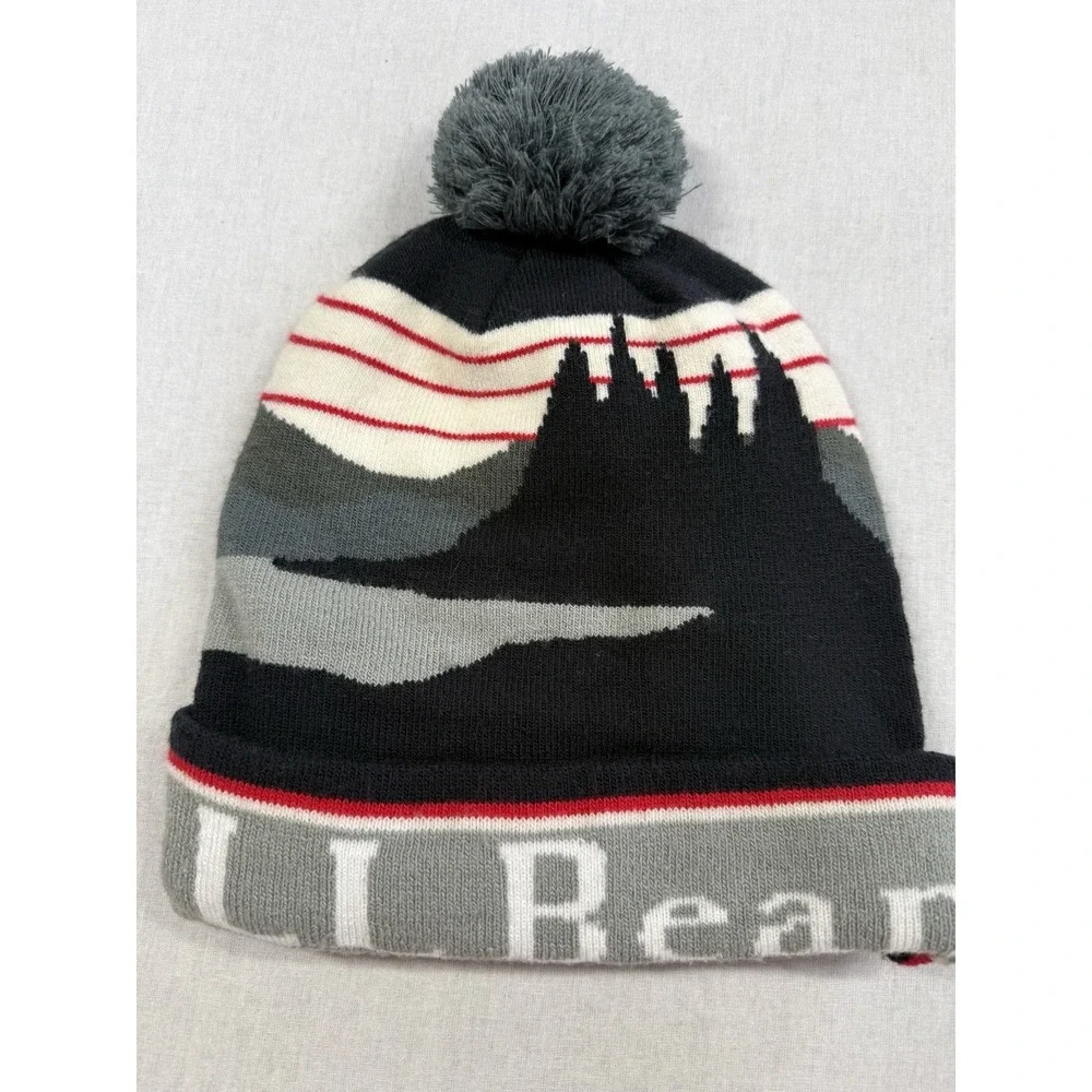 LL Bean Pom Pom Beanie Winter Hat Blue Gray Adult Unisex OSFA Stretch Mountains